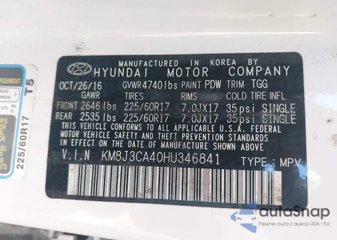 2017 Hyundai Tucson Se z USA, uszkodzony, nr VIN KM8J3CA40HU346841